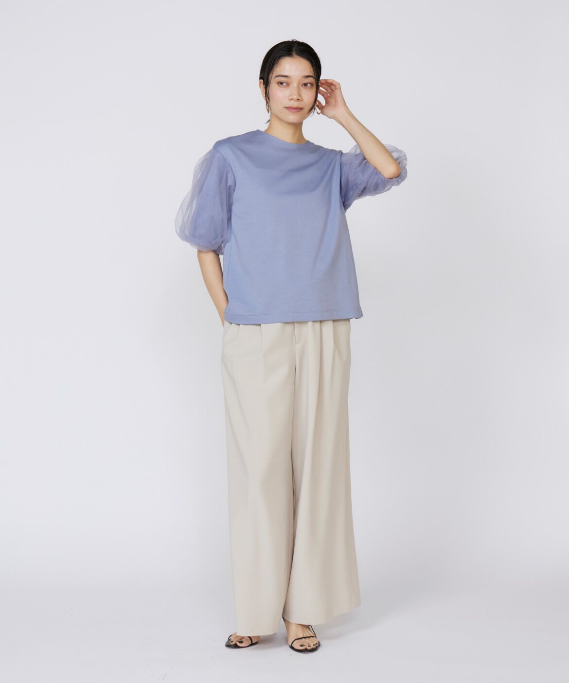 INED「《大きいサイズ》袖チュールカットソー」|Tシャツ・カットソー|