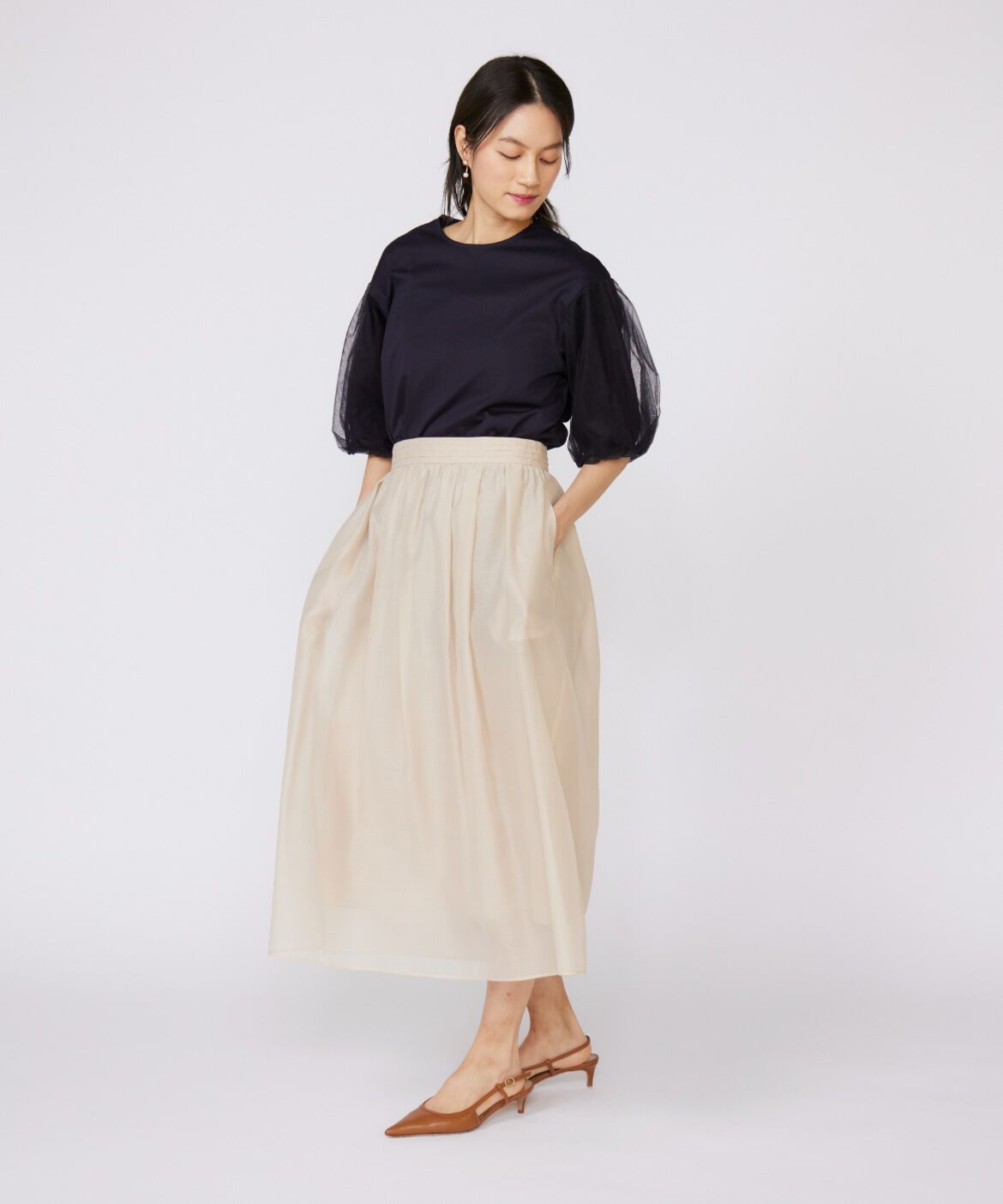 INED「《大きいサイズ》袖チュールカットソー」|Tシャツ・カットソー|