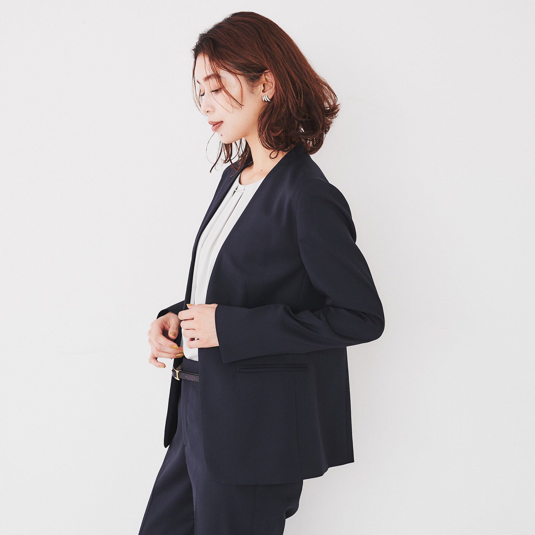 UNTITLED「【洗える通勤スーツ】レジェールギャバ　ストレッチカラーレスジャケット」|ノーカラージャケット|