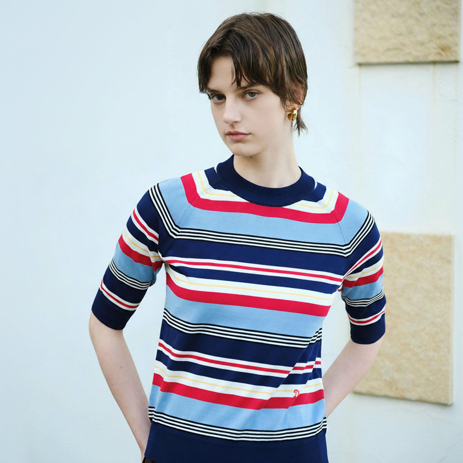 DRESSTERIOR「コットンシルクボーダーハーフスリーブニット」|ニット・セーター|ネイビー(394)