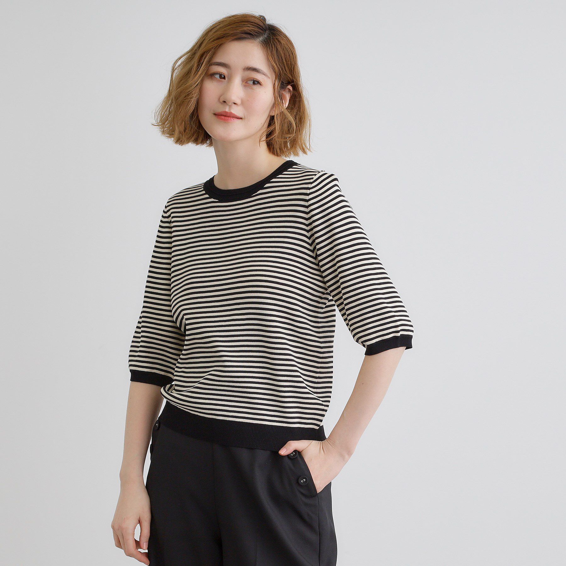 grove「ひんやり多機能・やわらかドライタッチ五分袖プルオーバー」|ニット・セーター|ボーダー(319)