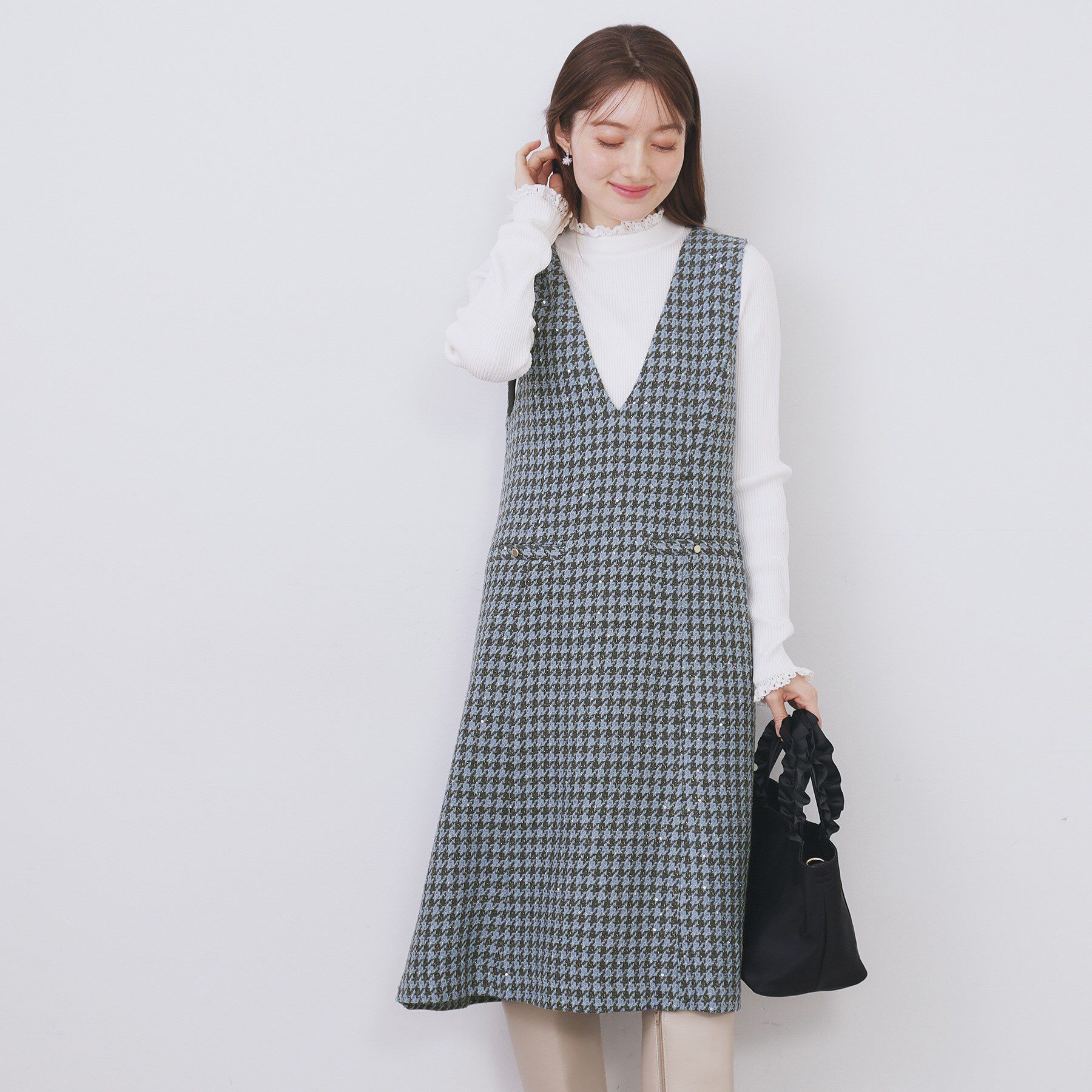 index「ラメスパンコール千鳥柄ジャンスカ【洗濯機OK/イージーアイロン】」|ワンピース|