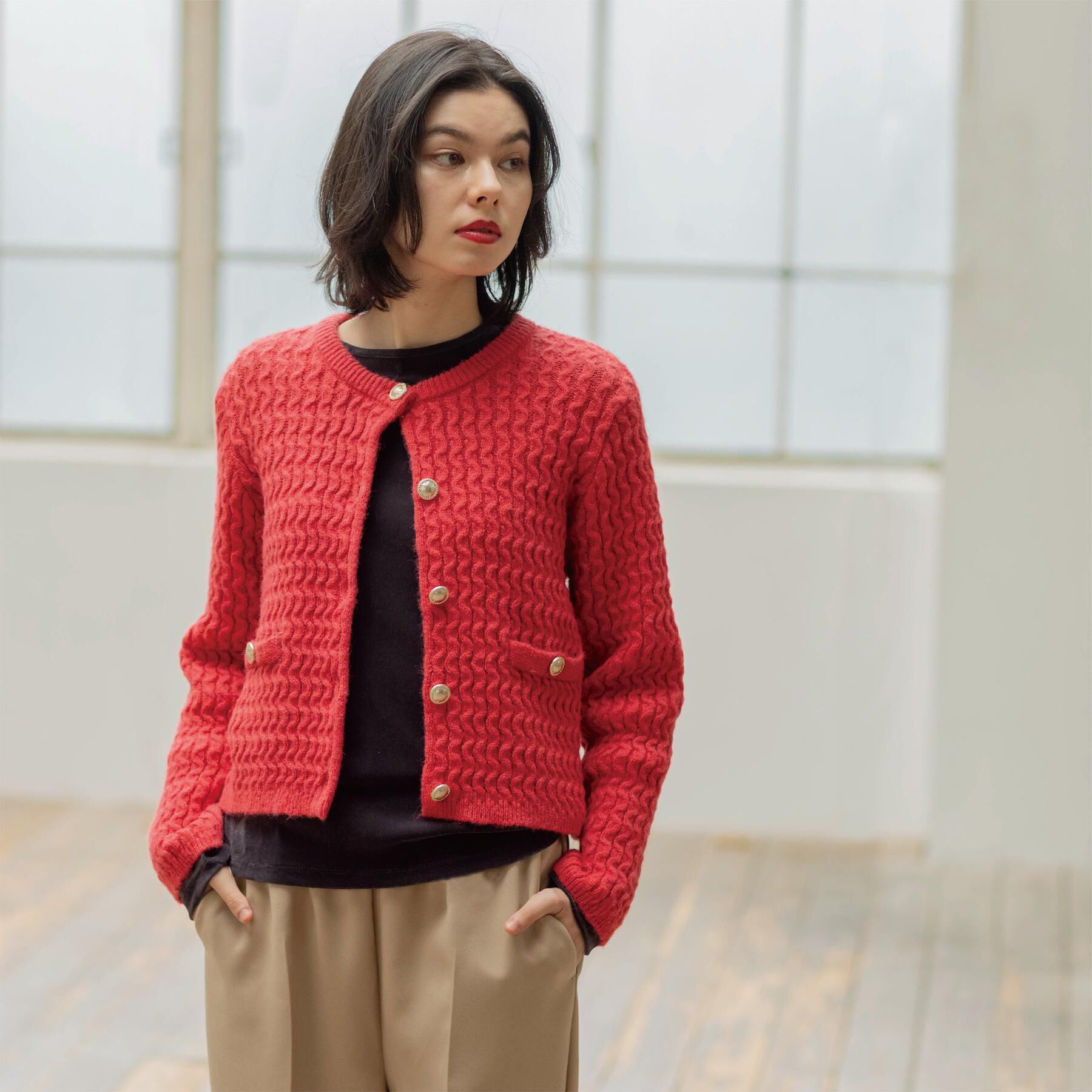 OPAQUE.CLIP「モヘヤタッチケーブル金ボタンカーディガン【洗濯機OK】」|カーディガン|