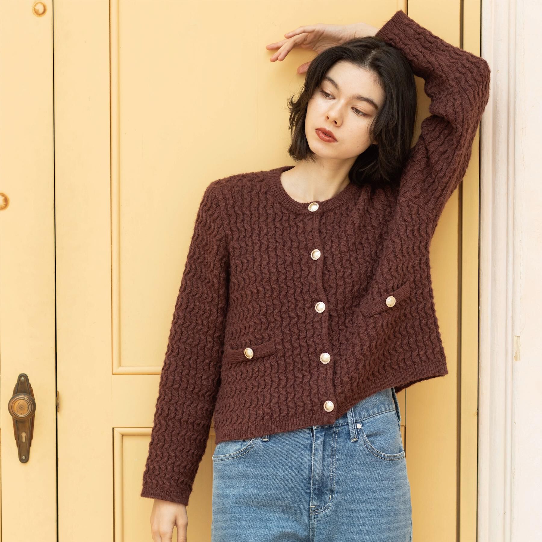 OPAQUE.CLIP「モヘヤタッチケーブル金ボタンカーディガン【洗濯機OK】」|カーディガン|ブラウン(043)