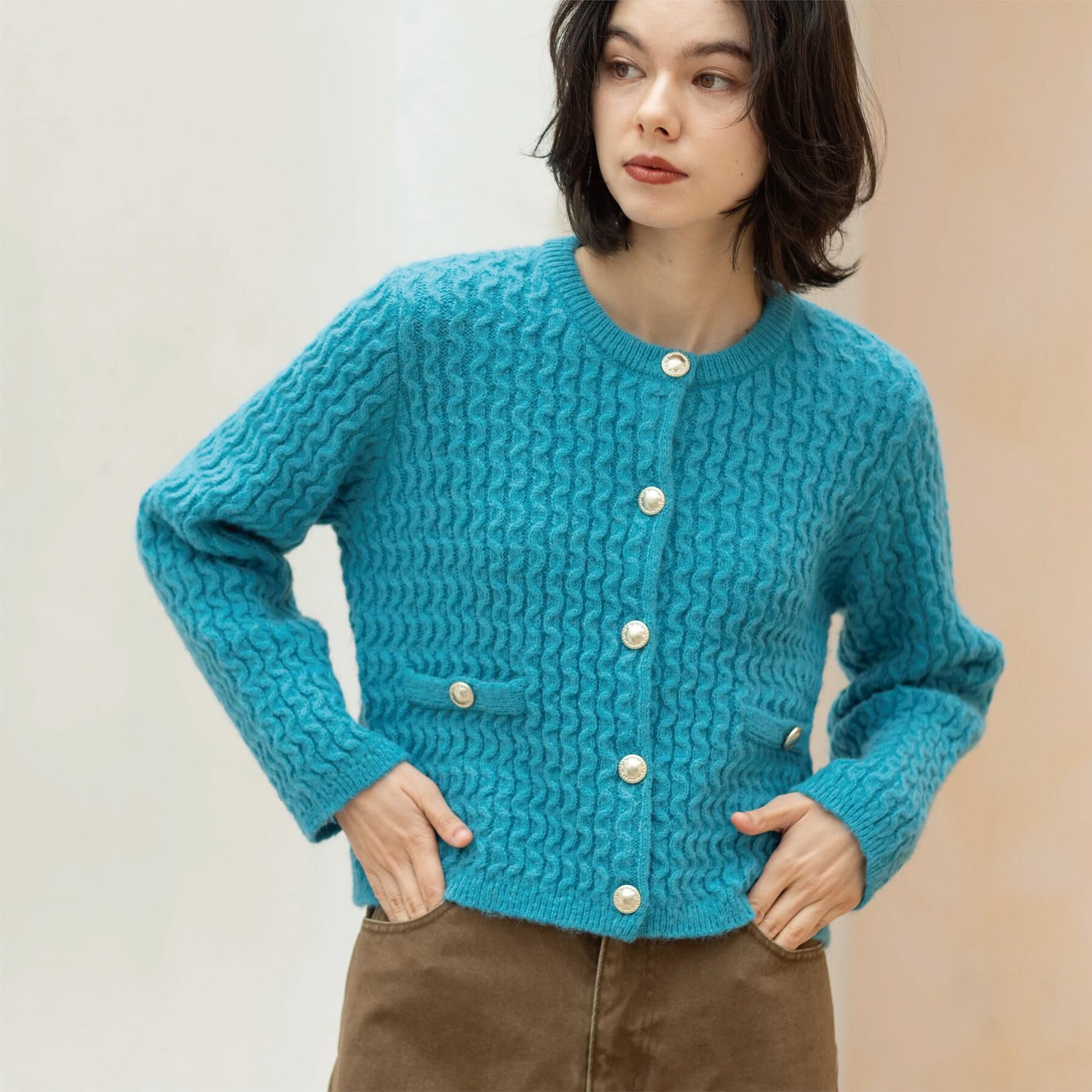 OPAQUE.CLIP「モヘヤタッチケーブル金ボタンカーディガン【洗濯機OK】」|カーディガン|ブルーグリーン(89