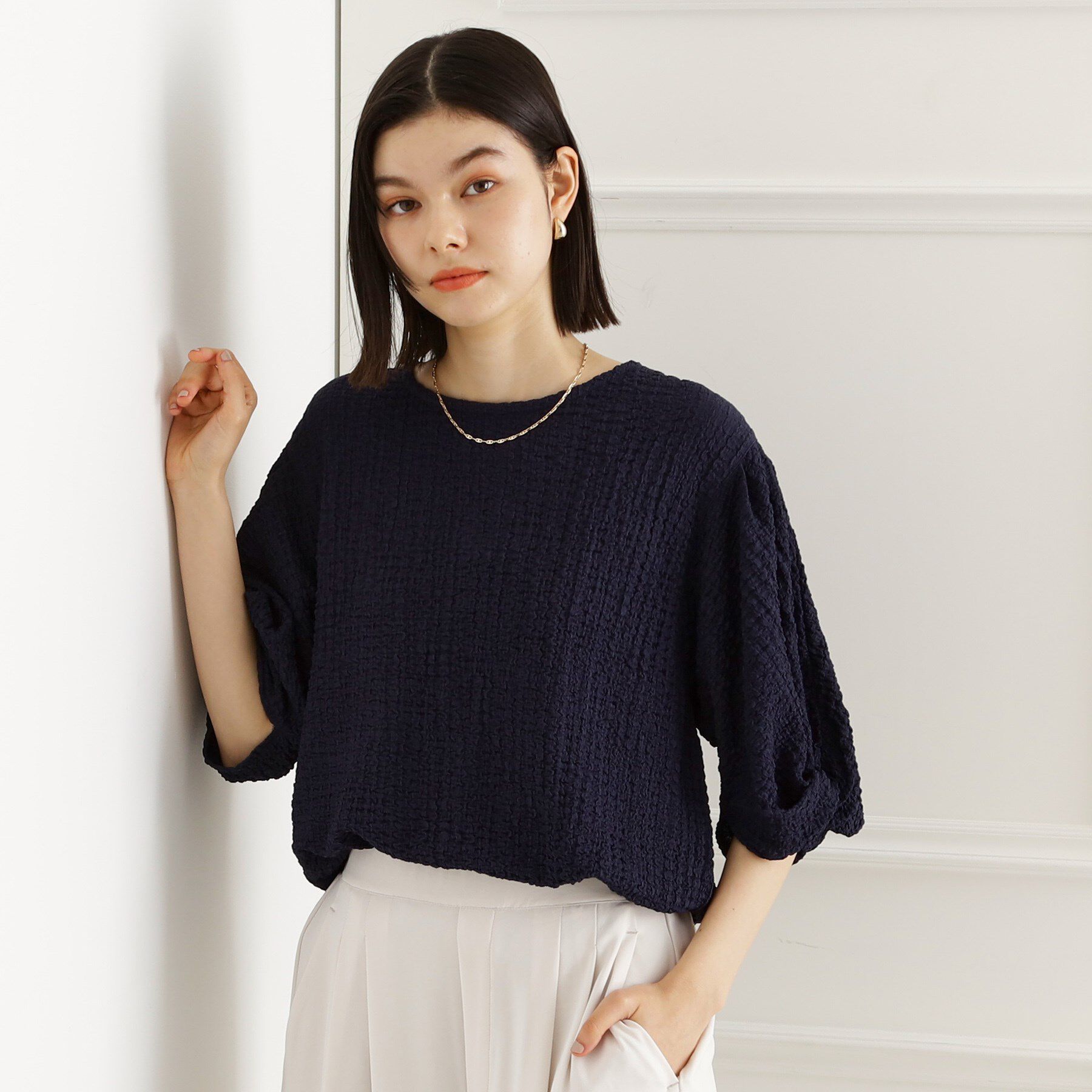 THE SHOP TK「【人気デザイン再入荷】ポコポコ袖タックプルオーバー/体型カバー/洗濯機OK」|Tシャツ・カットソー|ネイビー(094)
