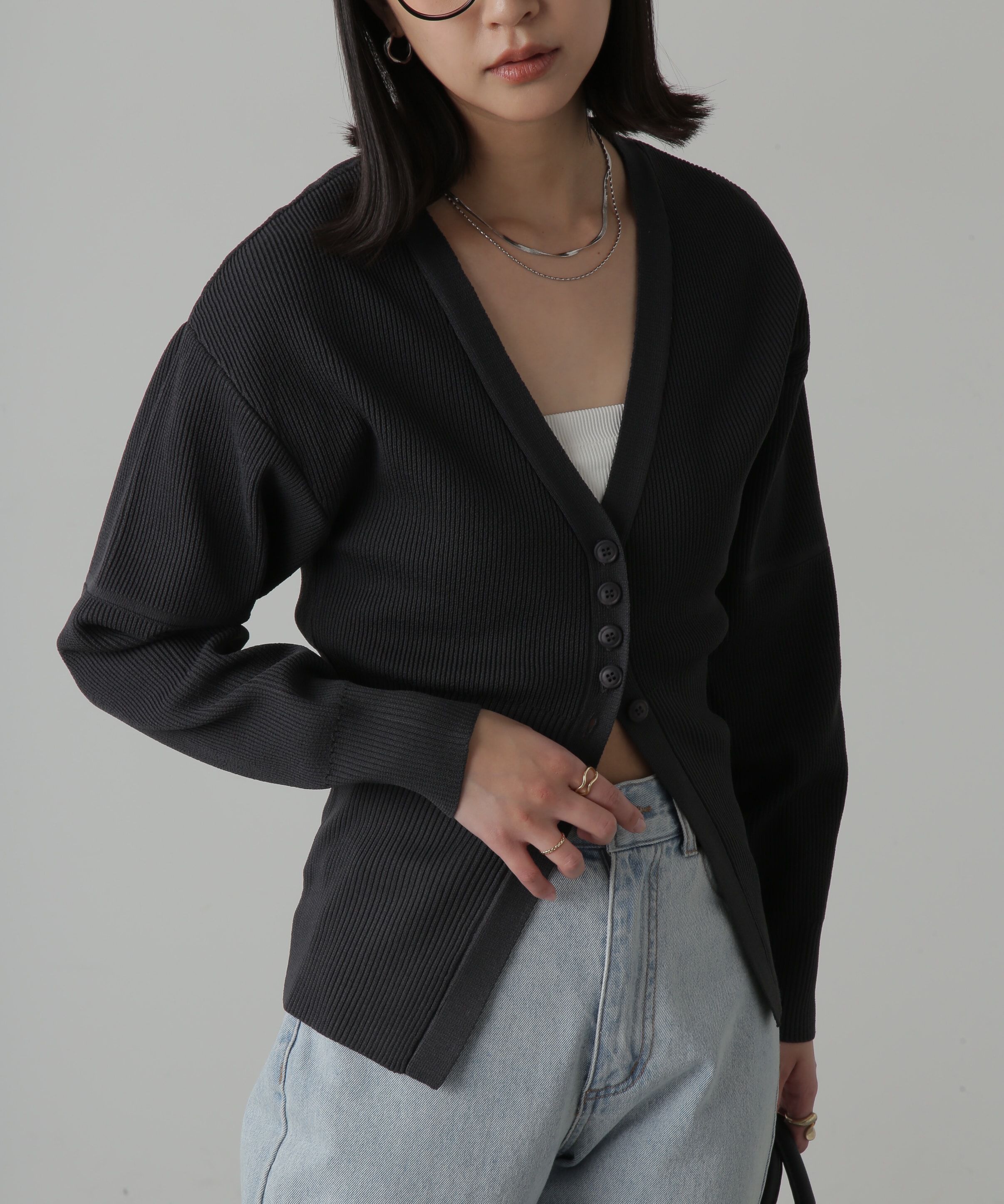  「ウエストシェイプリブニットカーディガン」|ニット・セーター|ブラック
