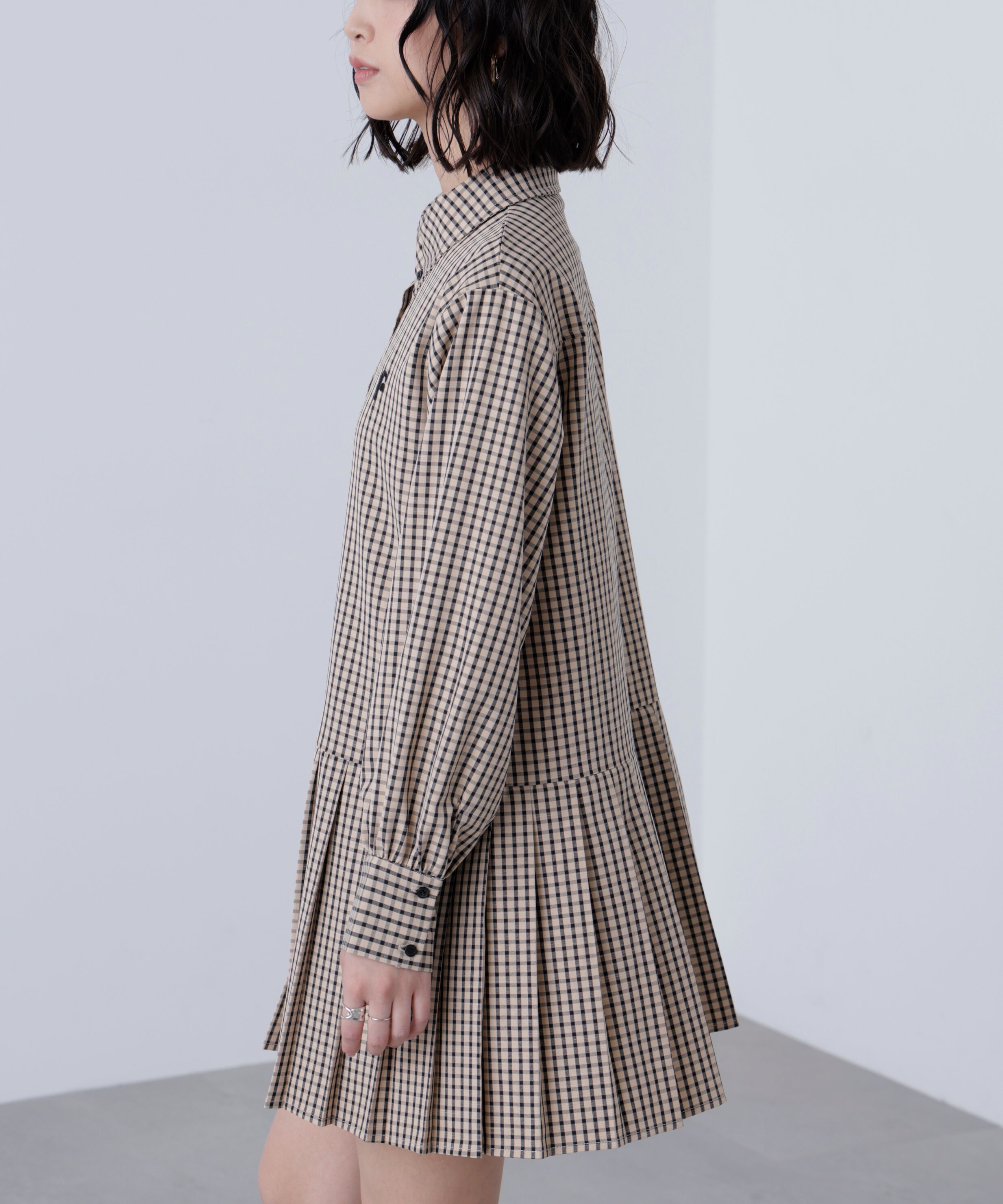  「プリーツシャツロングスリーブミニワンピース」|ワンピース|