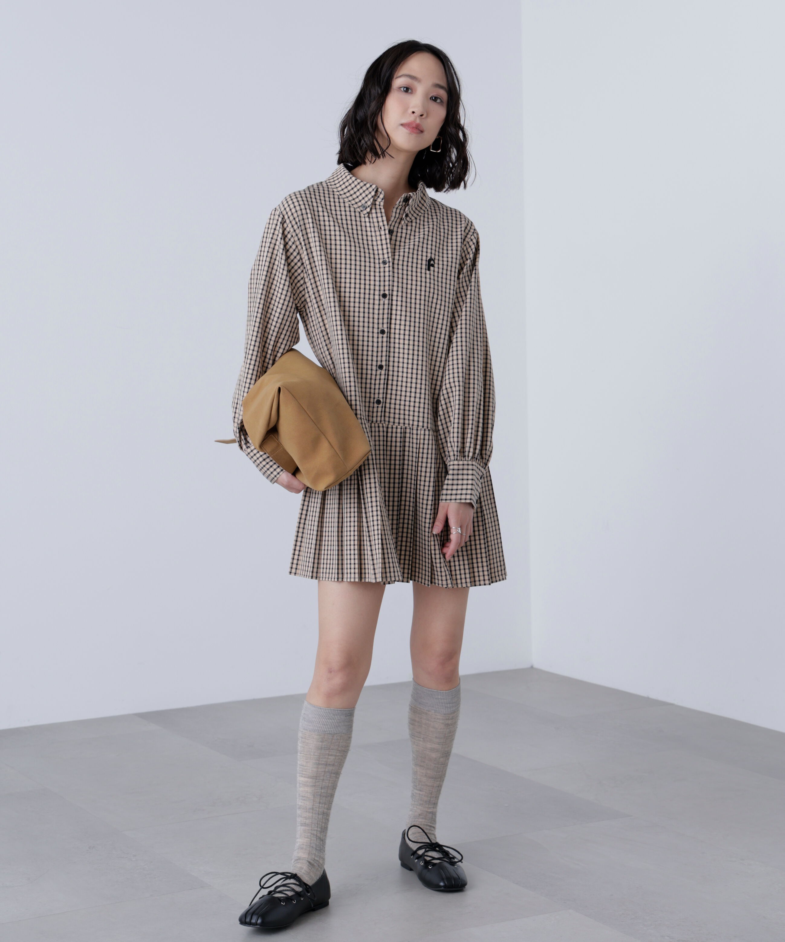  「プリーツシャツロングスリーブミニワンピース」|ワンピース|