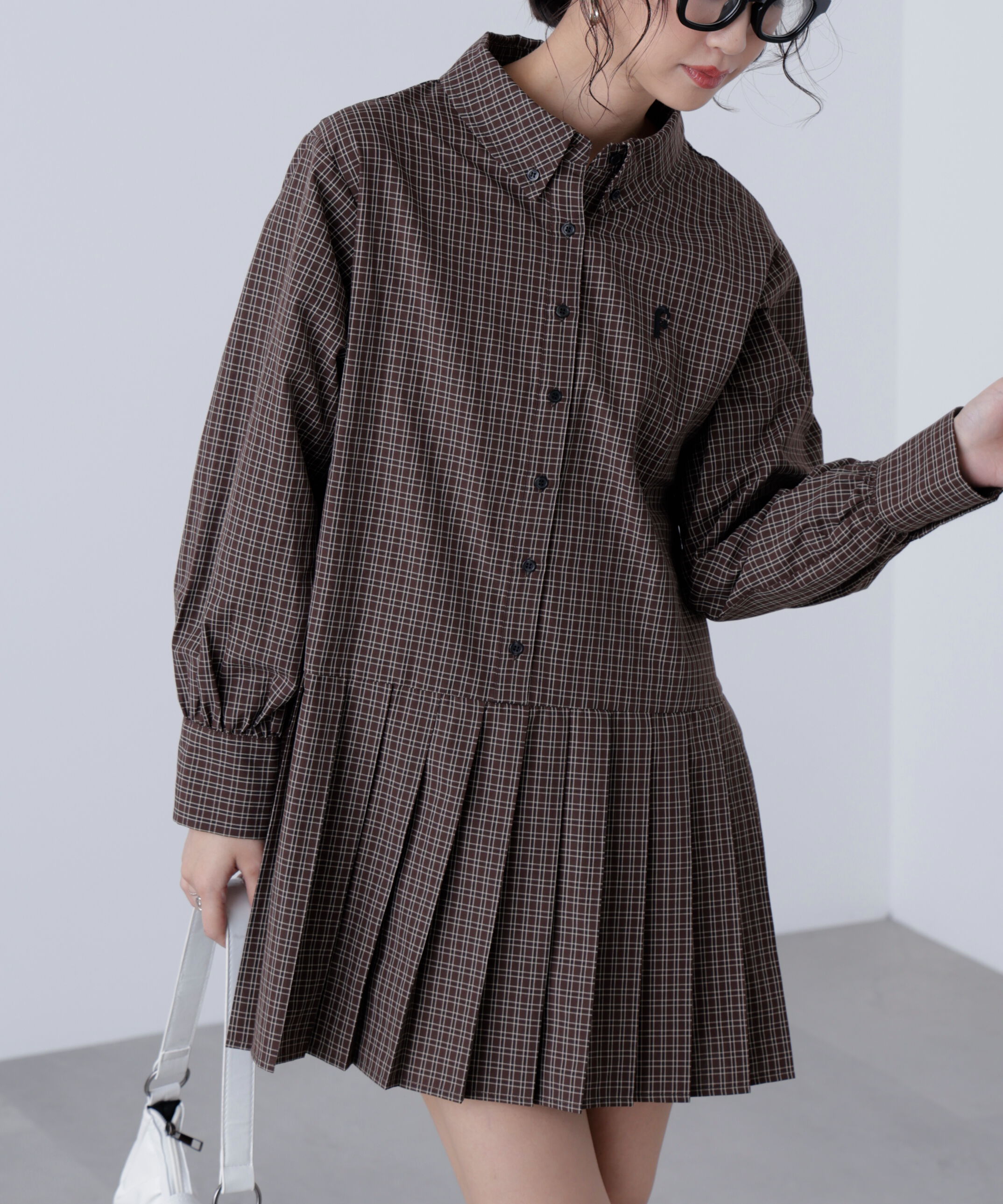  「プリーツシャツロングスリーブミニワンピース」|ワンピース|