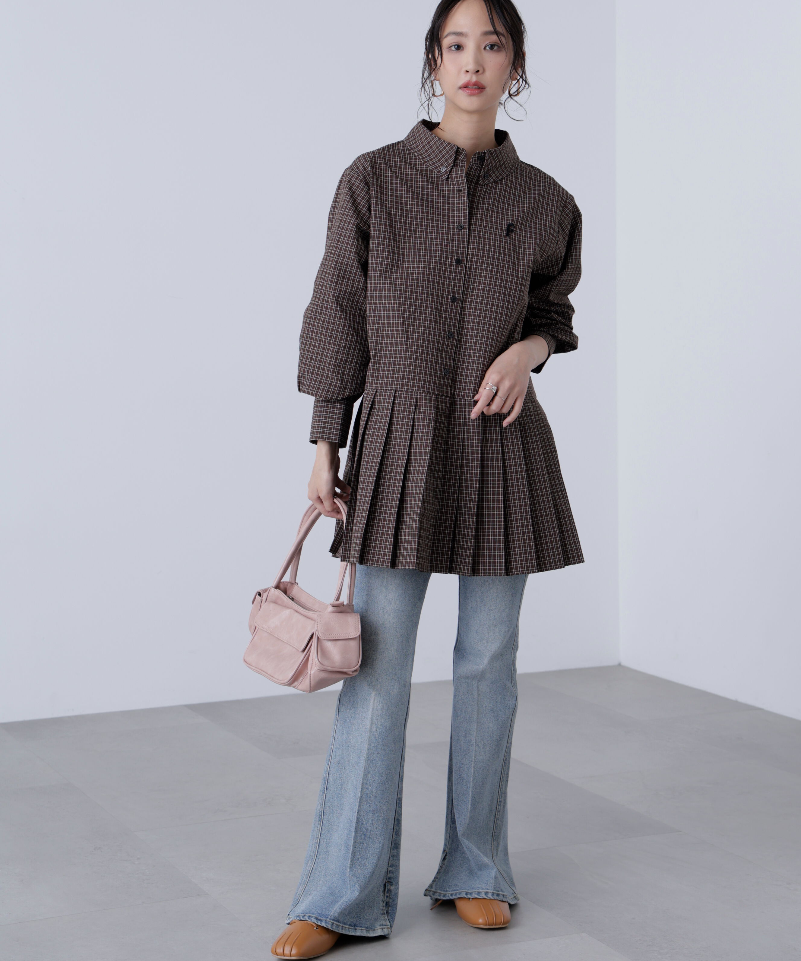  「プリーツシャツロングスリーブミニワンピース」|ワンピース|