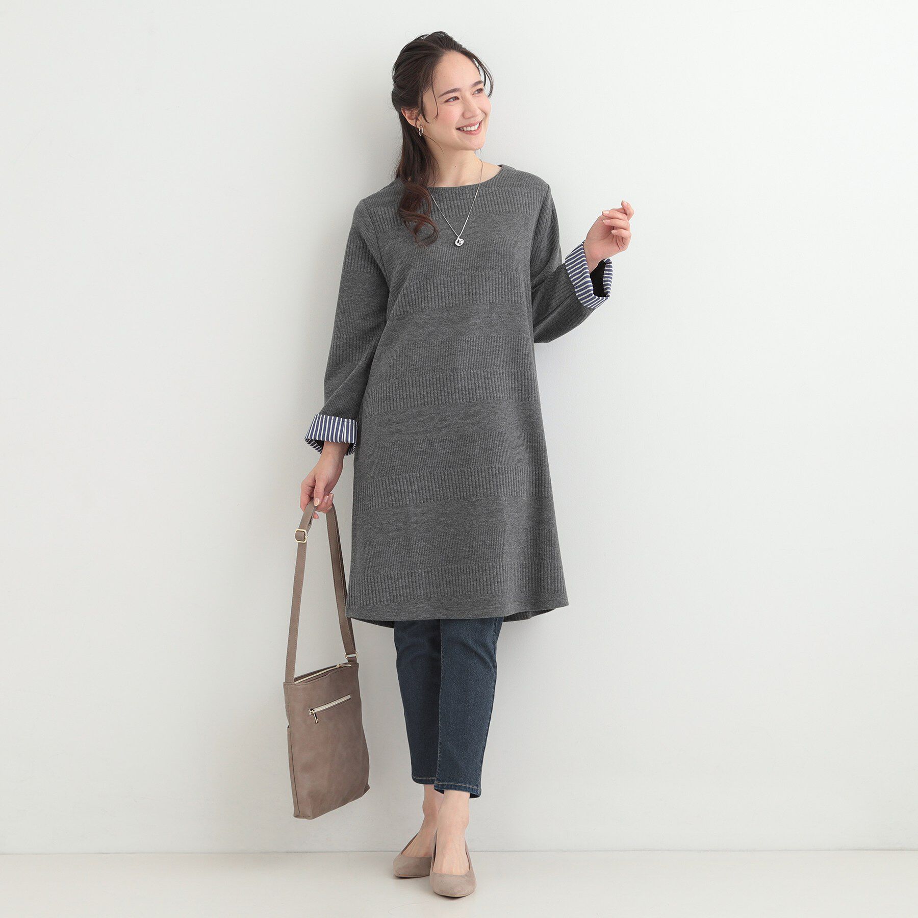 SHOO･LA･RUE「【体型カバー/洗濯機可/S-LL】お袖ストライプAラインチュニック」|チュニック|