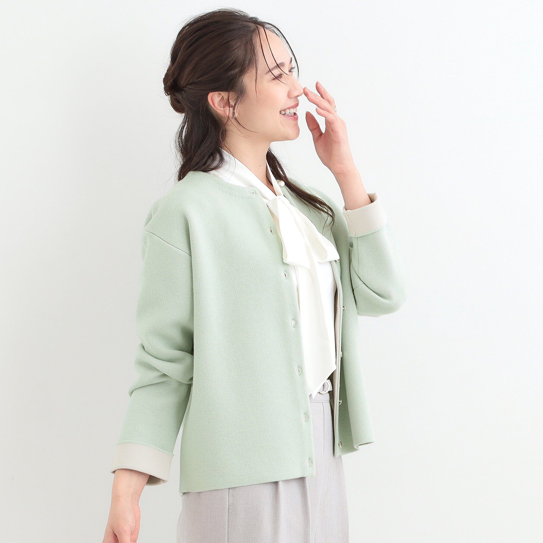 SHOO･LA･RUE「【洗濯機可/S-LL】明るい春カラー　品良くきまる 配色カーディガン」|カーディガン|