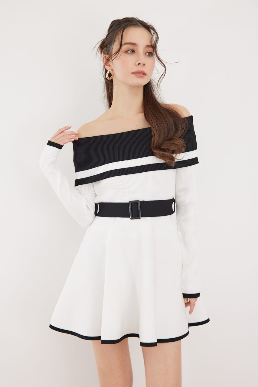 rienda「バイカラーオフショルフレアミニニットワンピース」|ワンピース|