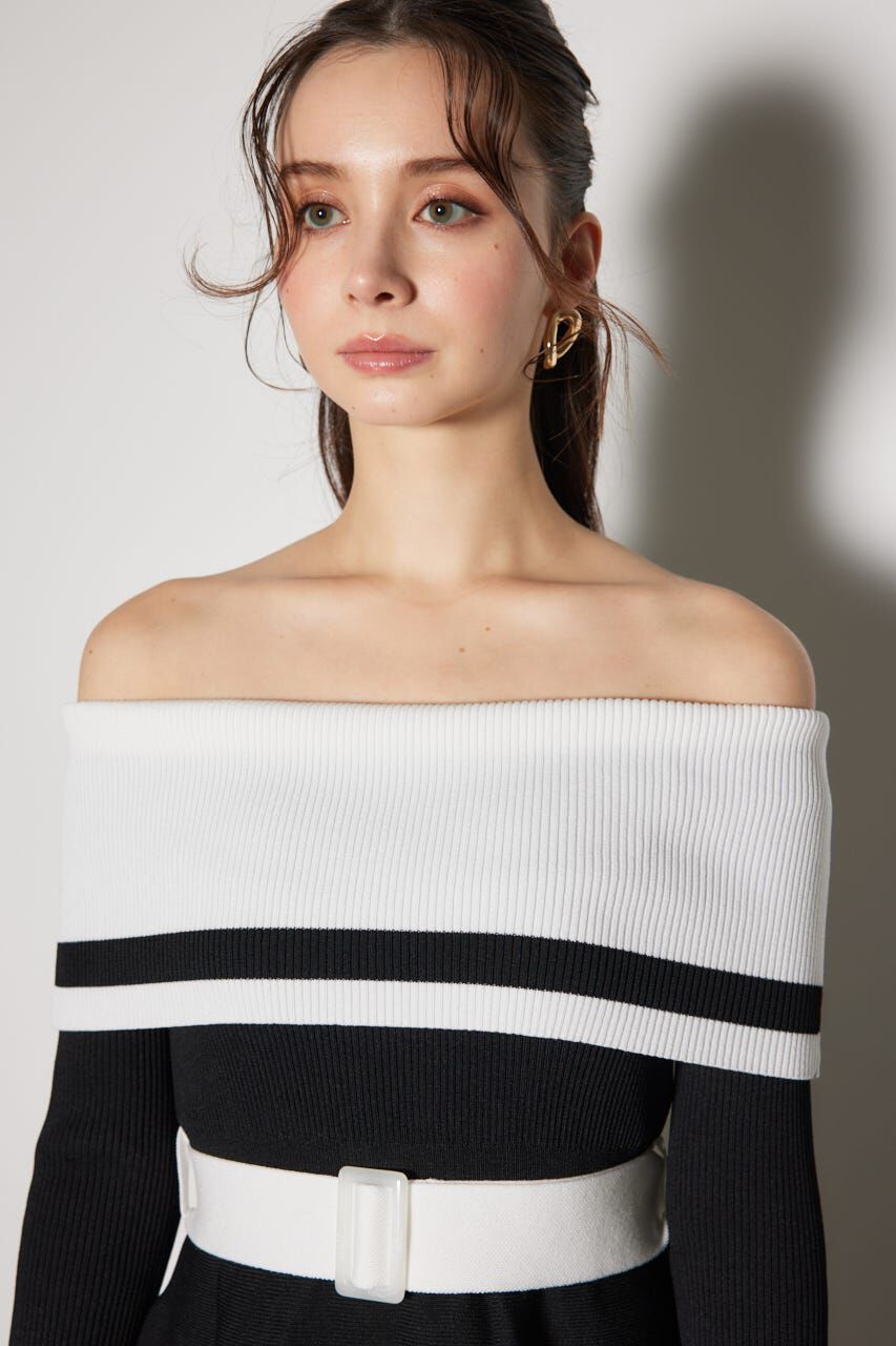 rienda「バイカラーオフショルフレアミニニットワンピース」|ワンピース|