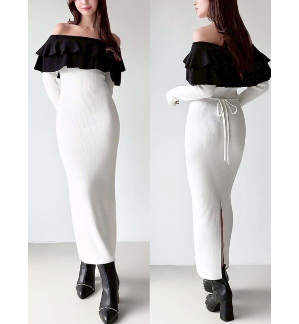 RESEXXY「フリルタイトニットワンピース」|ワンピース|アイボリー