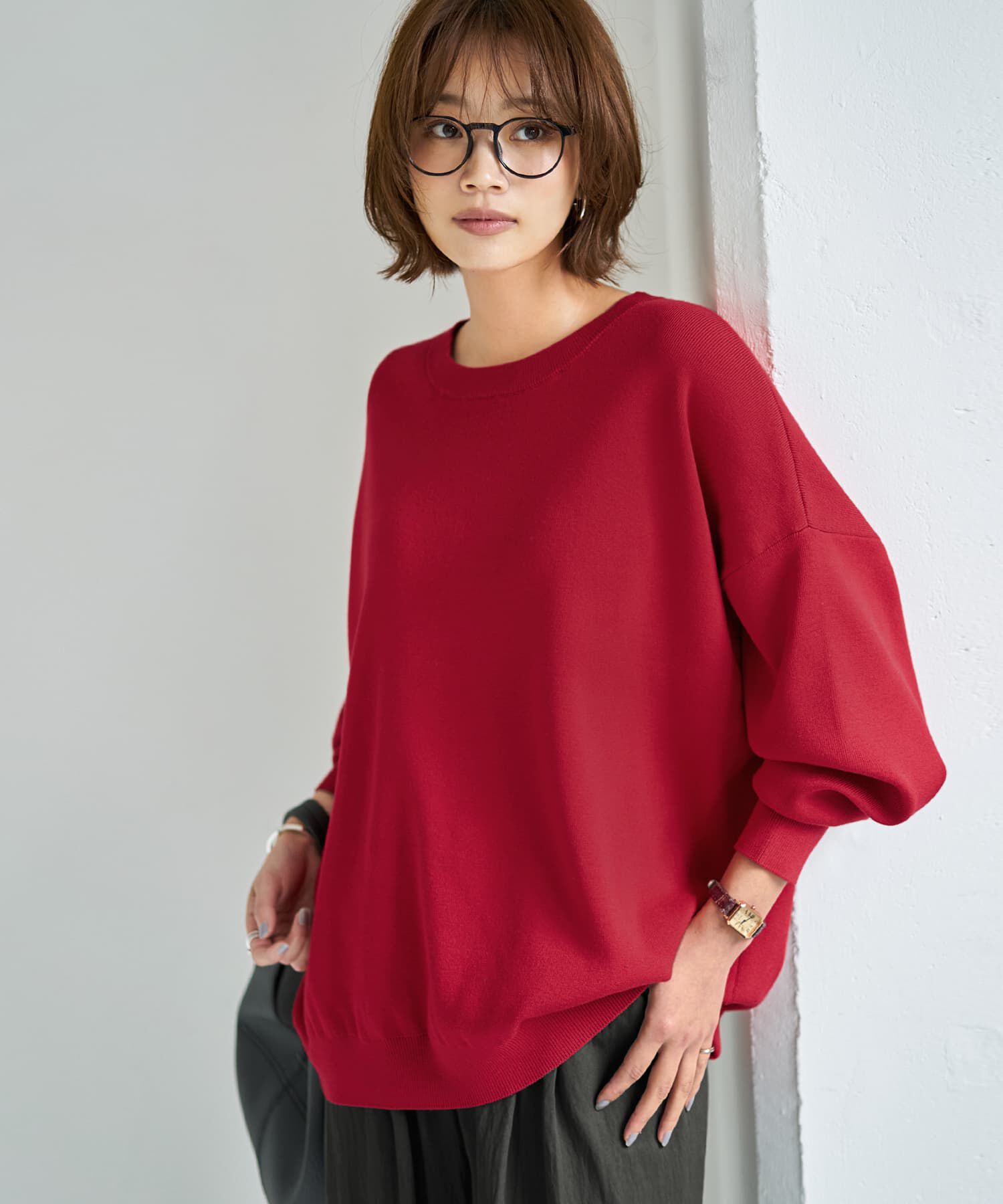 STYLE DELI「スムースハイゲージゆったりクルーネックニット」|ニット・セーター|レッド