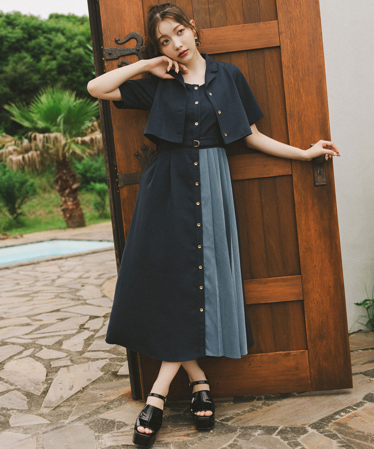 REDYAZEL「バイカラーアシメプリーツシャツワンピース」|ワンピース|ネイビー