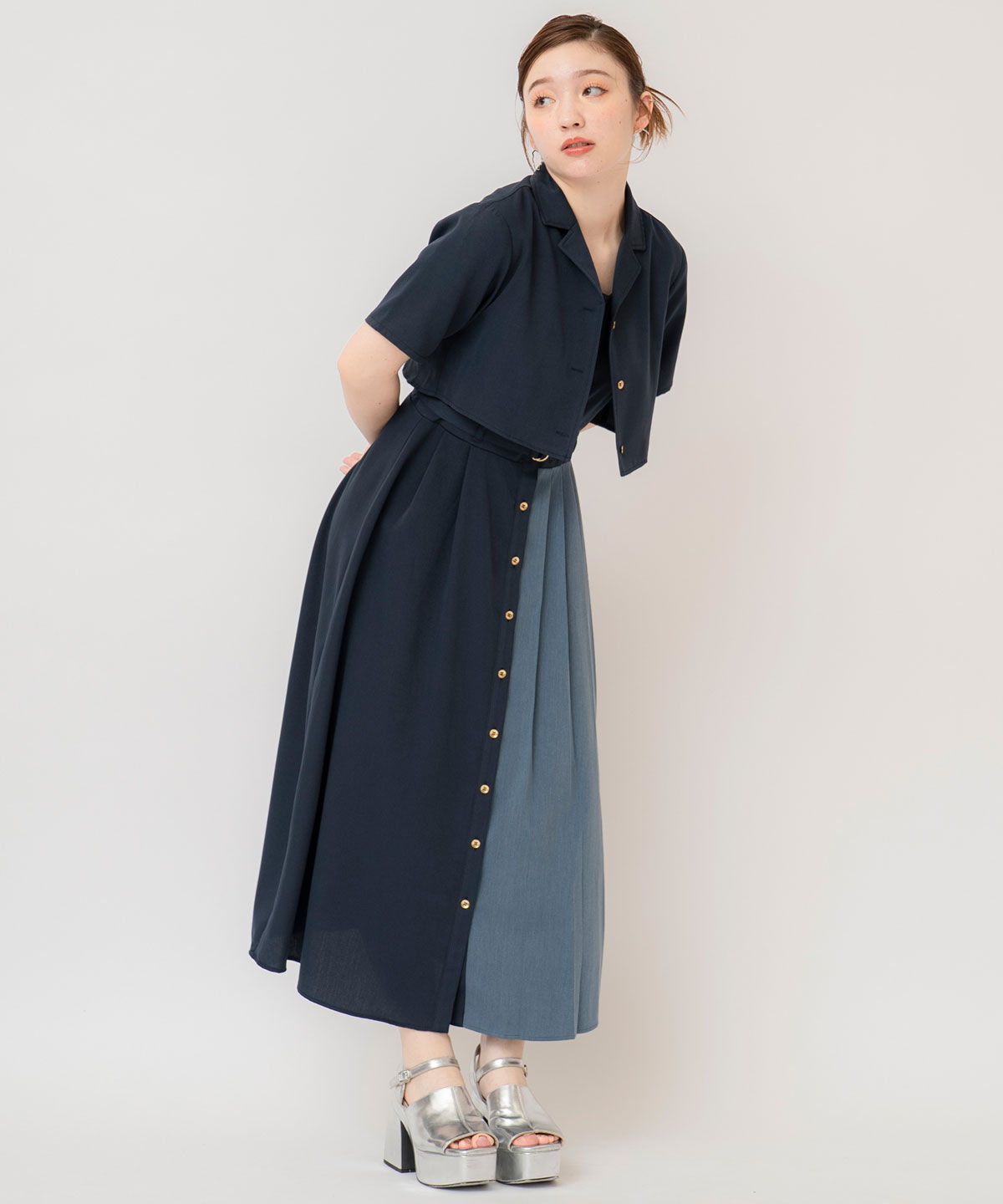 REDYAZEL「バイカラーアシメプリーツシャツワンピース」|ワンピース|