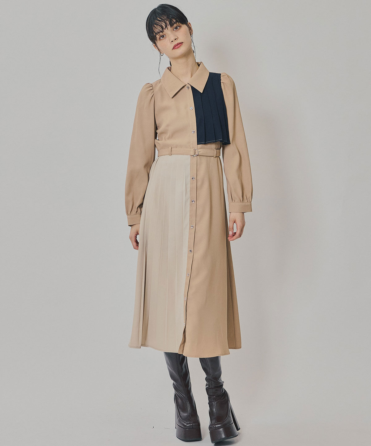 REDYAZEL「カラーブロックパネルアシメプリーツワンピース」|ワンピース|