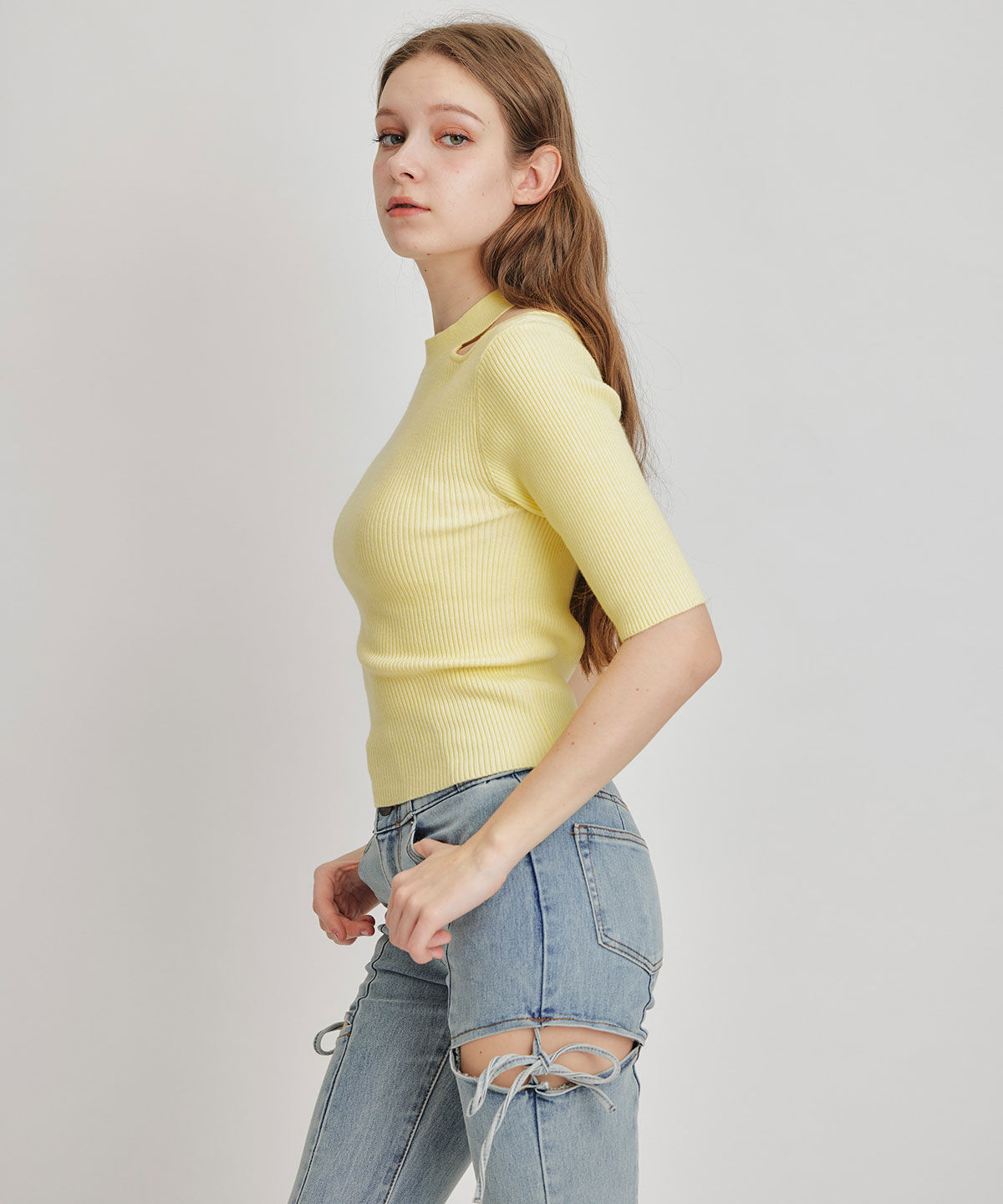 REDYAZEL「カットアウトハーフスリーブニットプルオーバー」|ニット・セーター|