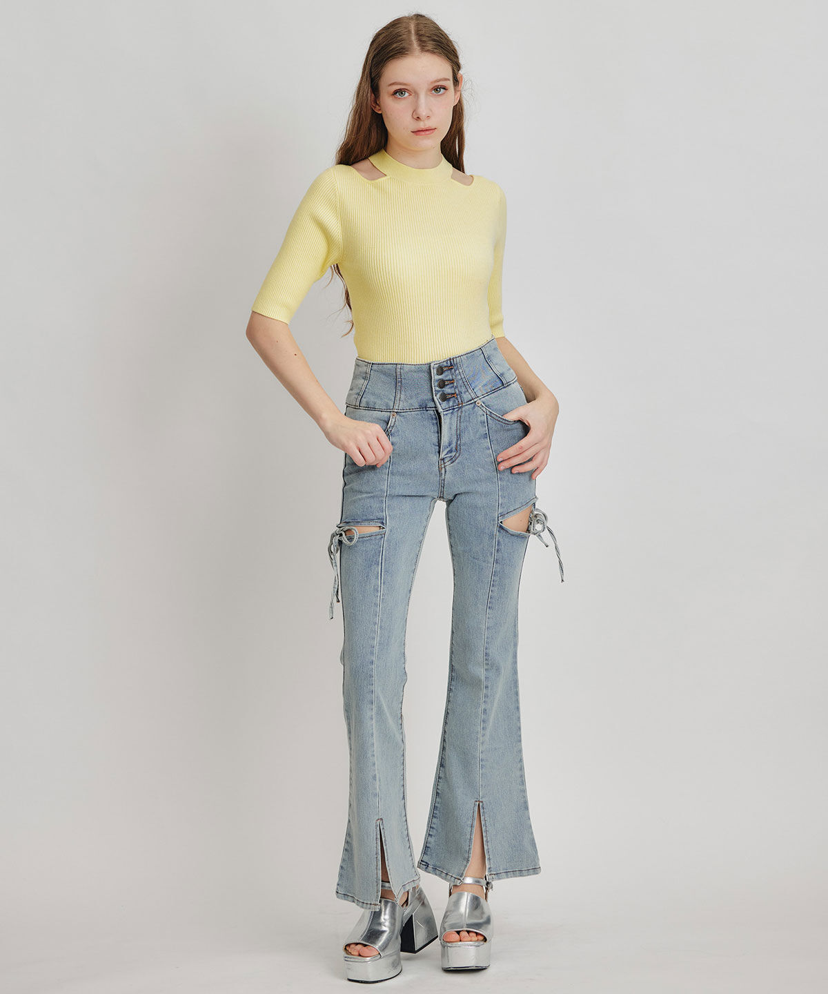 REDYAZEL「カットアウトハーフスリーブニットプルオーバー」|ニット・セーター|