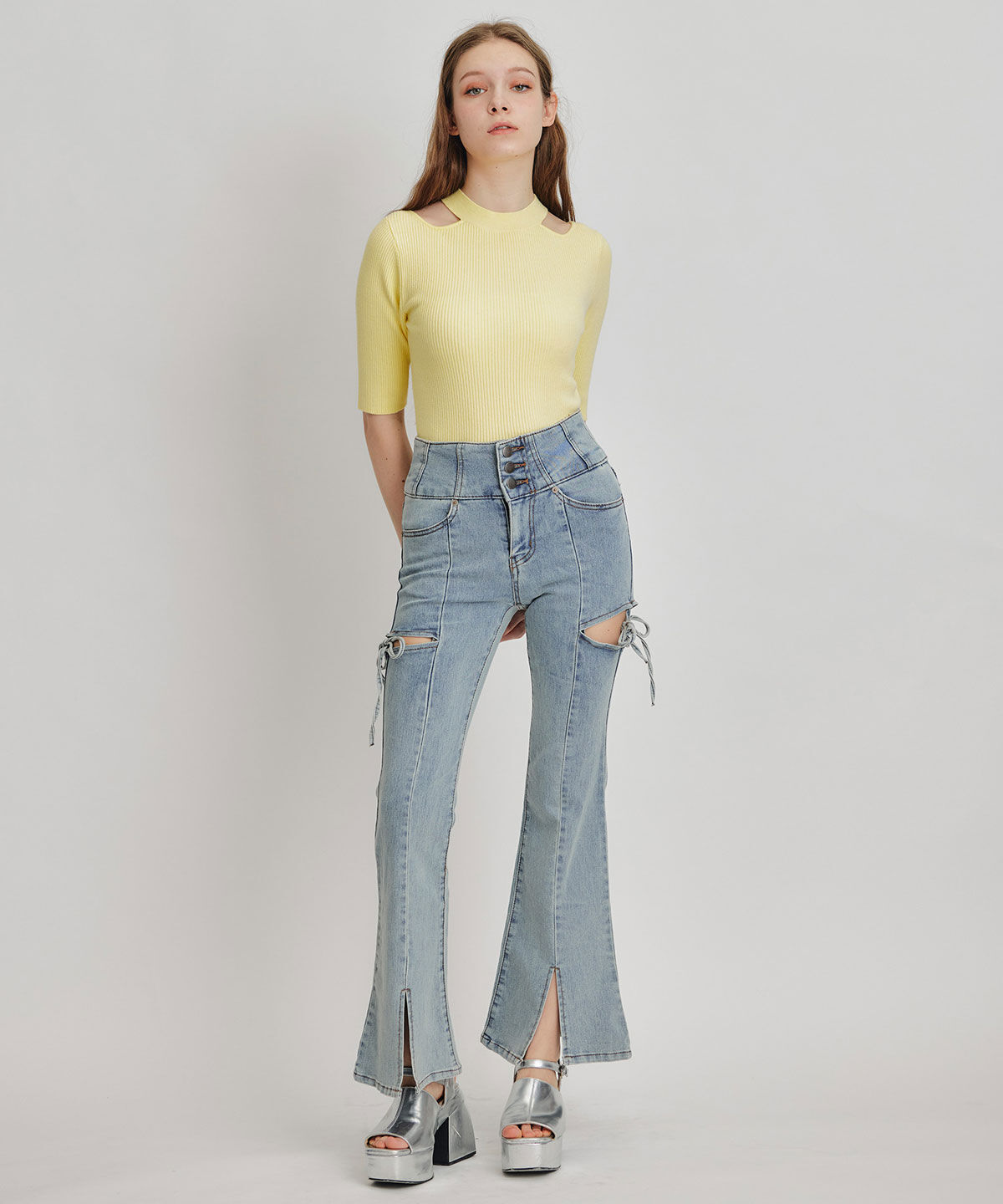 REDYAZEL「カットアウトハーフスリーブニットプルオーバー」|ニット・セーター|