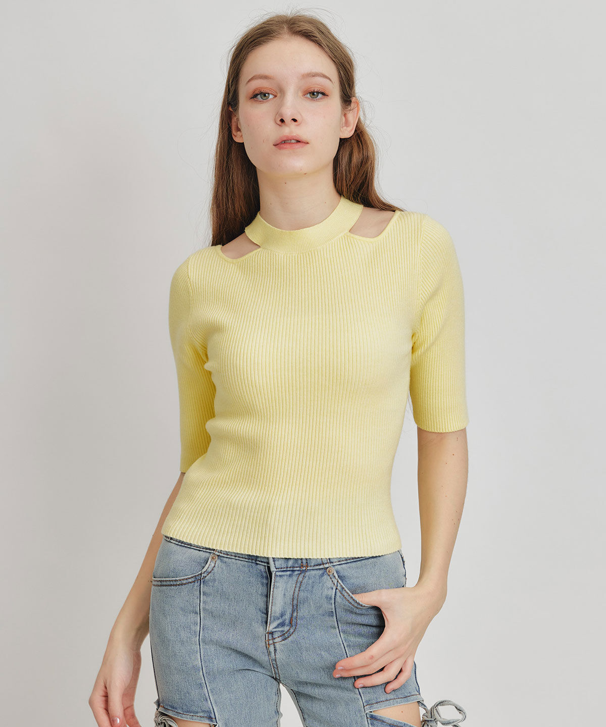 REDYAZEL「カットアウトハーフスリーブニットプルオーバー」|ニット・セーター|