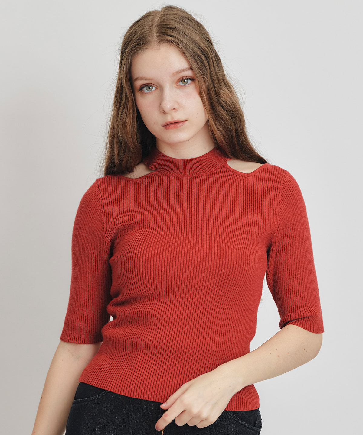 REDYAZEL「カットアウトハーフスリーブニットプルオーバー」|ニット・セーター|レッド