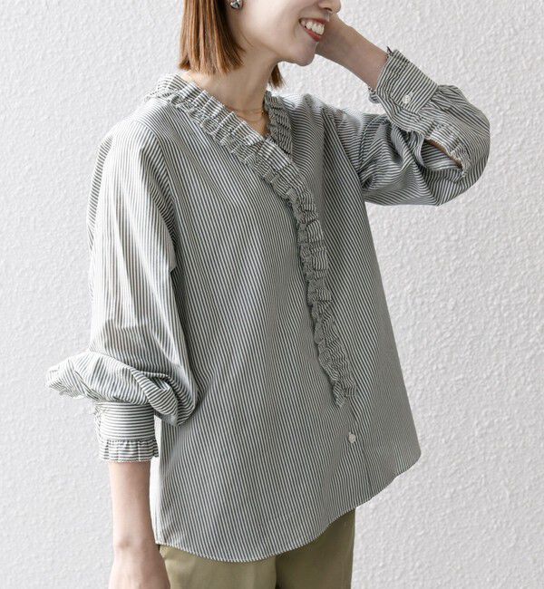 SHIPS any「SHIPS any:〈手洗い可能〉ストライプ フリル Vネック シャツ ブラウス」|シャツ・ブラウス|