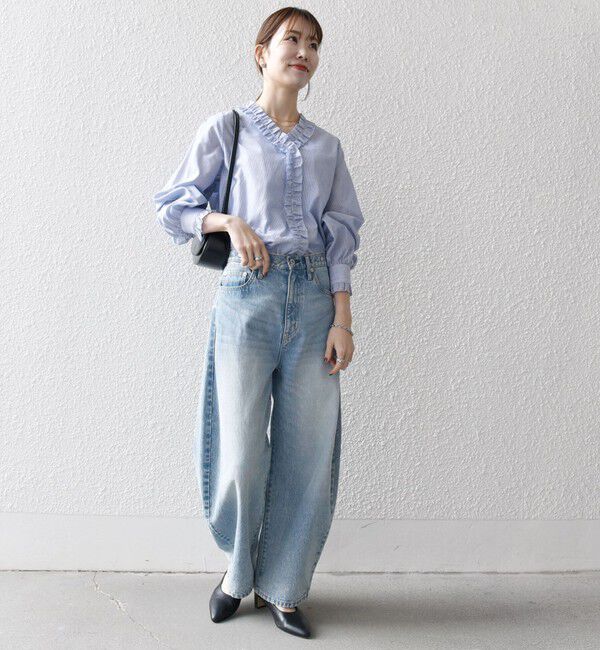 SHIPS any「SHIPS any:〈手洗い可能〉ストライプ フリル Vネック シャツ ブラウス」|シャツ・ブラウス|