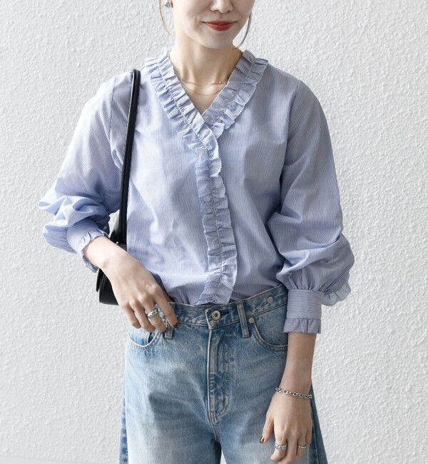 SHIPS any「SHIPS any:〈手洗い可能〉ストライプ フリル Vネック シャツ ブラウス」|シャツ・ブラウス|