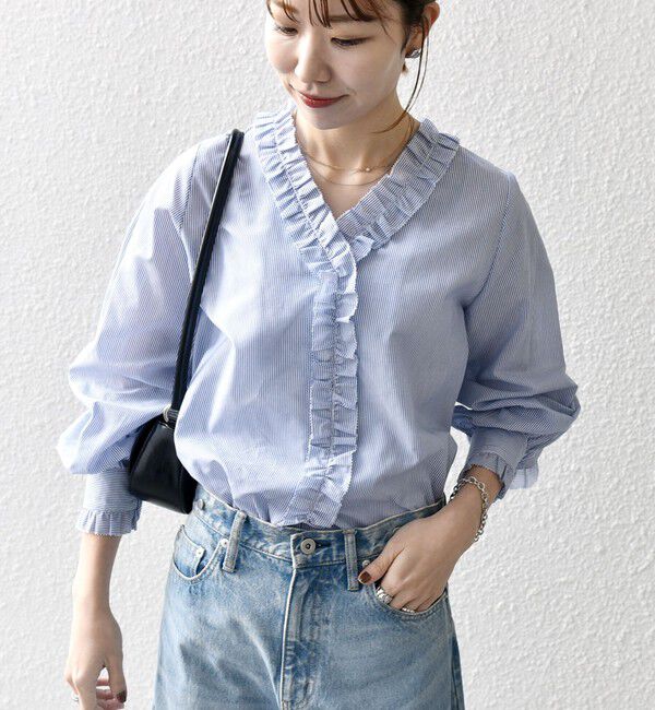 SHIPS any「SHIPS any:〈手洗い可能〉ストライプ フリル Vネック シャツ ブラウス」|シャツ・ブラウス|