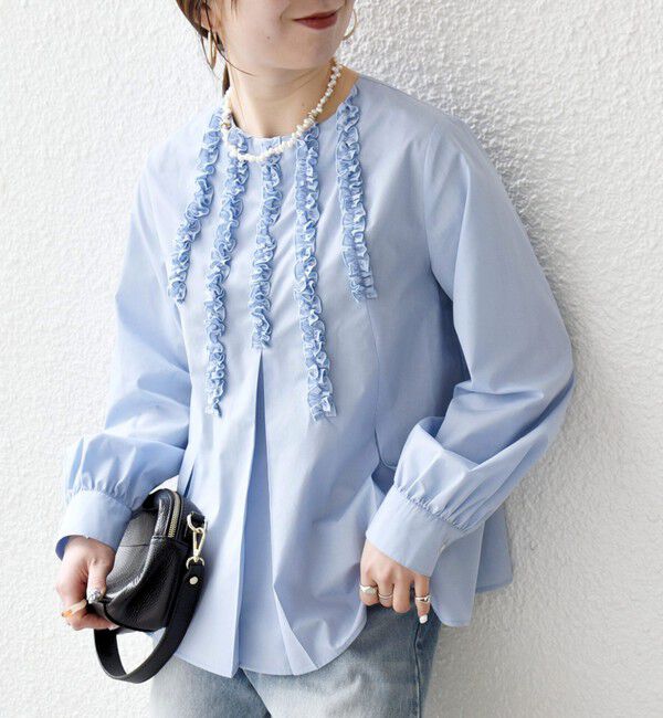 SHIPS any「SHIPS any:〈洗濯機可能〉REPREVE フリル クルーネック Aライン ブラウス」|シャツ・ブラウス|ライトブルー