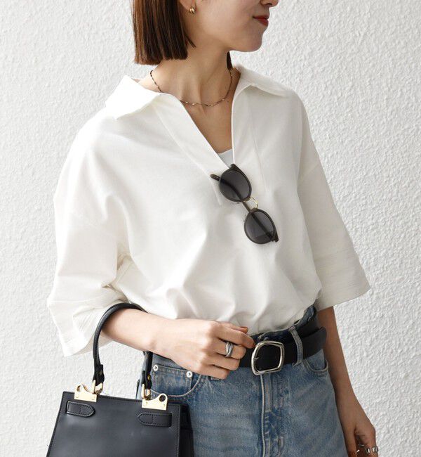 SHIPS any「《予約》SHIPS any:〈洗濯機可能〉インレイ 襟付き スキッパー ハーフスリーブ プルオーバー」|Tシャツ・カットソー|