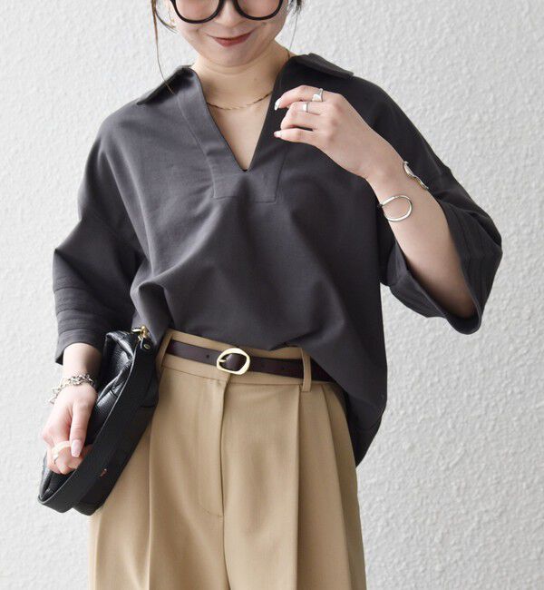 SHIPS any「《予約》SHIPS any:〈洗濯機可能〉インレイ 襟付き スキッパー ハーフスリーブ プルオーバー」|Tシャツ・カットソー|