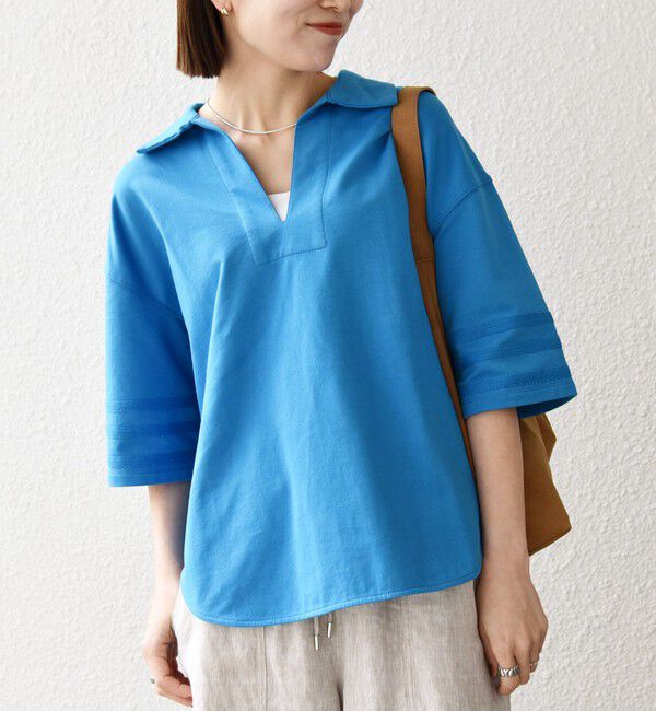 SHIPS any「《予約》SHIPS any:〈洗濯機可能〉インレイ 襟付き スキッパー ハーフスリーブ プルオーバー」|Tシャツ・カットソー|ブルー