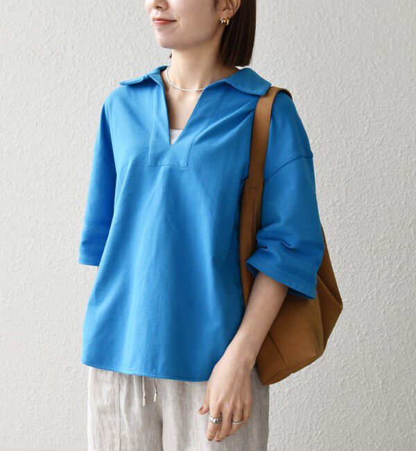 SHIPS any「《予約》SHIPS any:〈洗濯機可能〉インレイ 襟付き スキッパー ハーフスリーブ プルオーバー」|Tシャツ・カットソー|