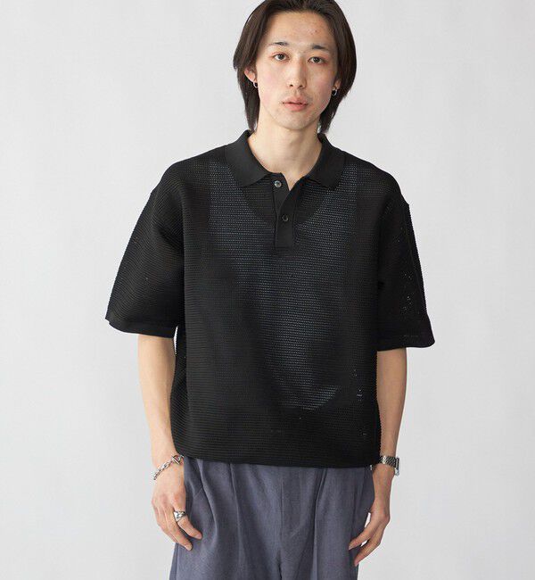 SHIPS「City Ambient Products: ポリエステル メッシュ ニット ショートスリーブ ポロ」|ニット・セーター|ブラック