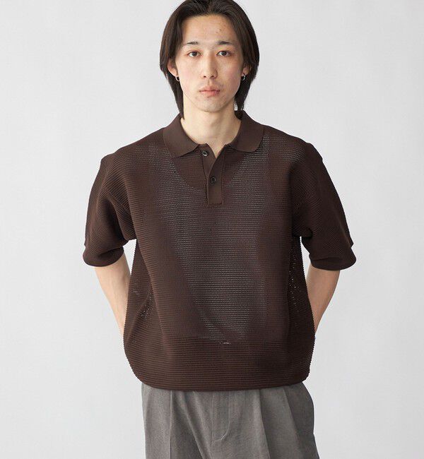 SHIPS「City Ambient Products: ポリエステル メッシュ ニット ショートスリーブ ポロ」|ニット・セーター|ダークブラウン