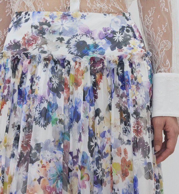 DES PRES「ブルームスケーププリント ギャザーマキシスカート」|フレア|