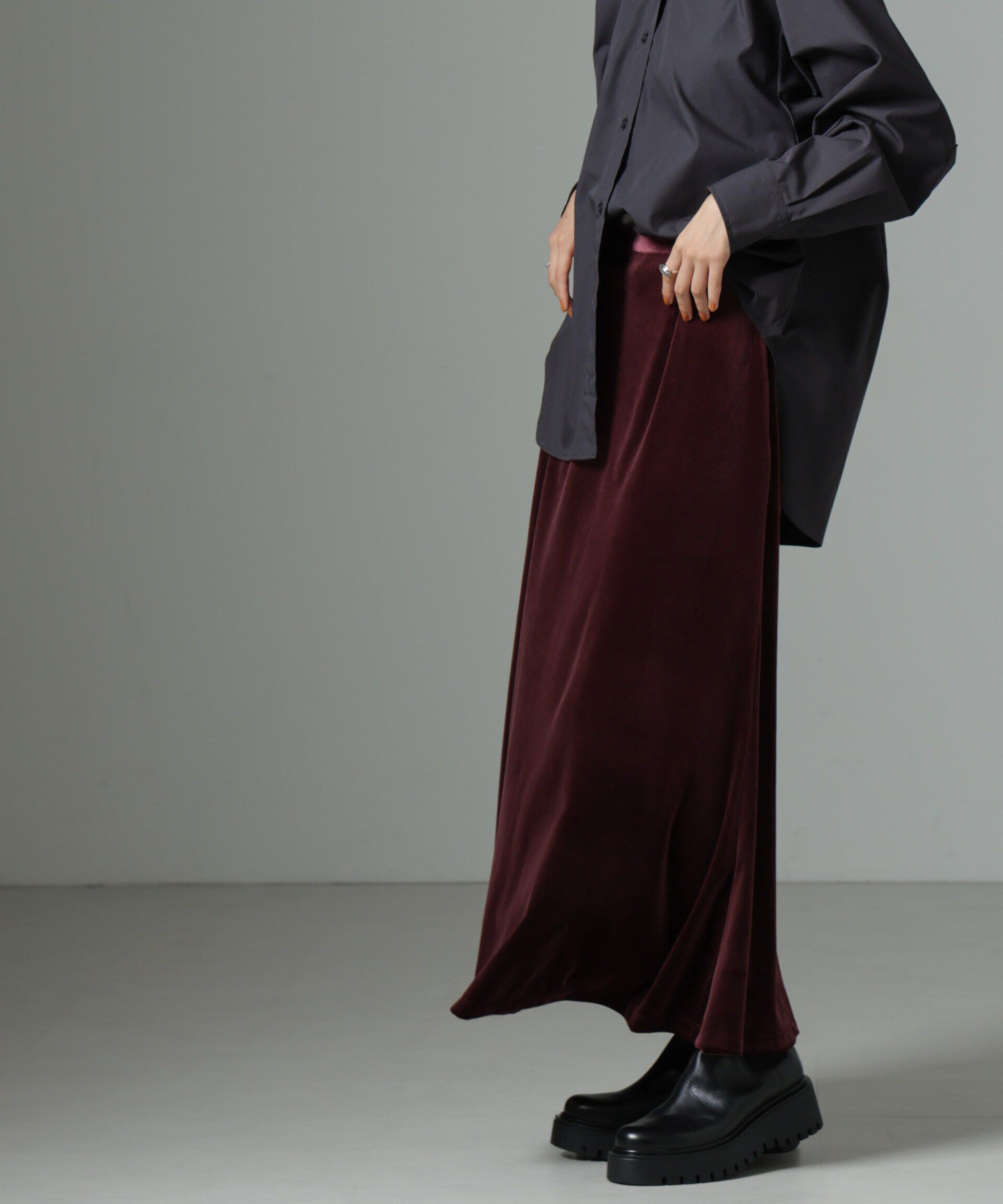 nano･universe「ベロアロングスカート」|スカート|ワイン