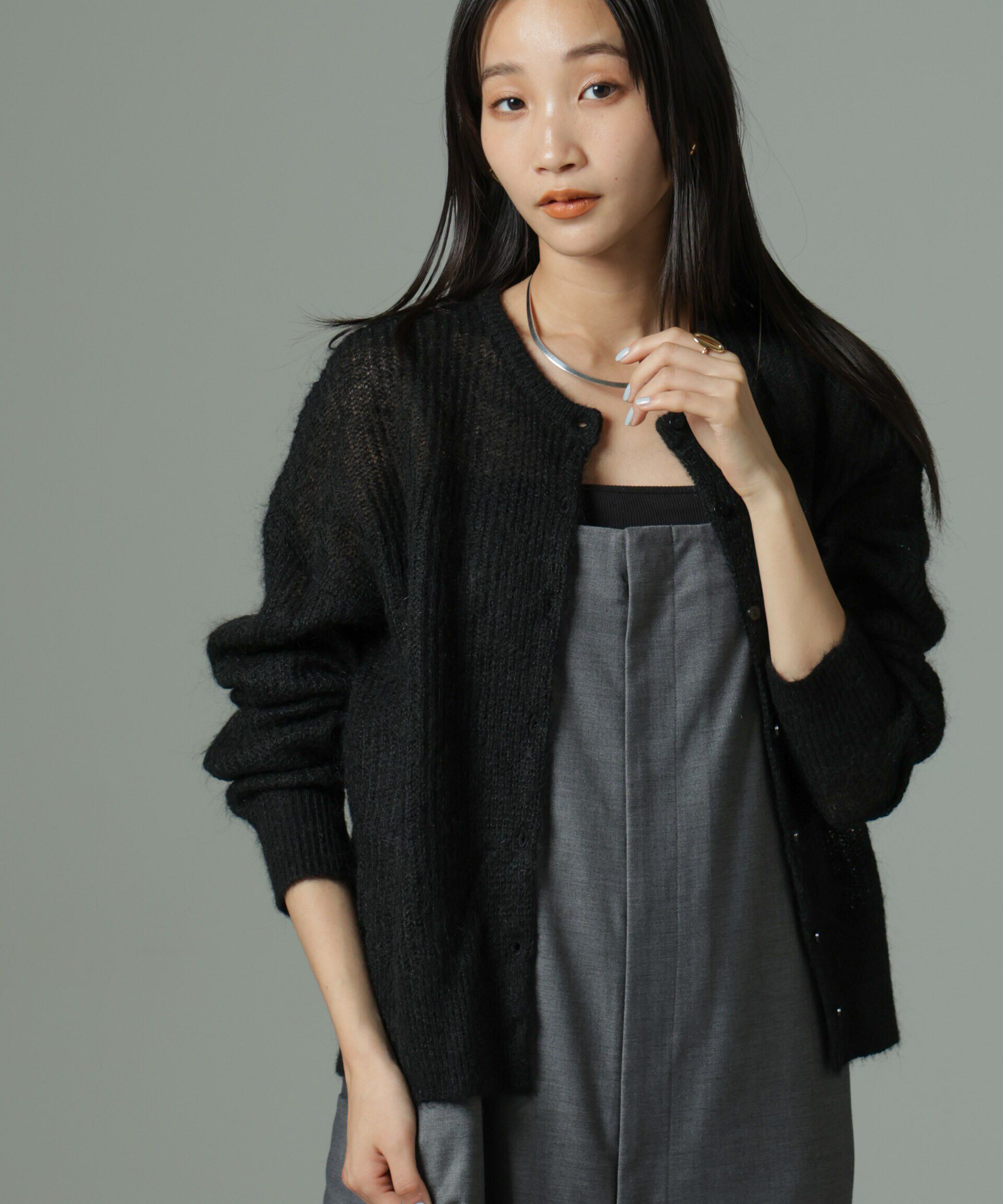 nano･universe「モヘヤ混クルーネックニットカーディガン(セットアップ可)」|ニット・セーター|ブラック