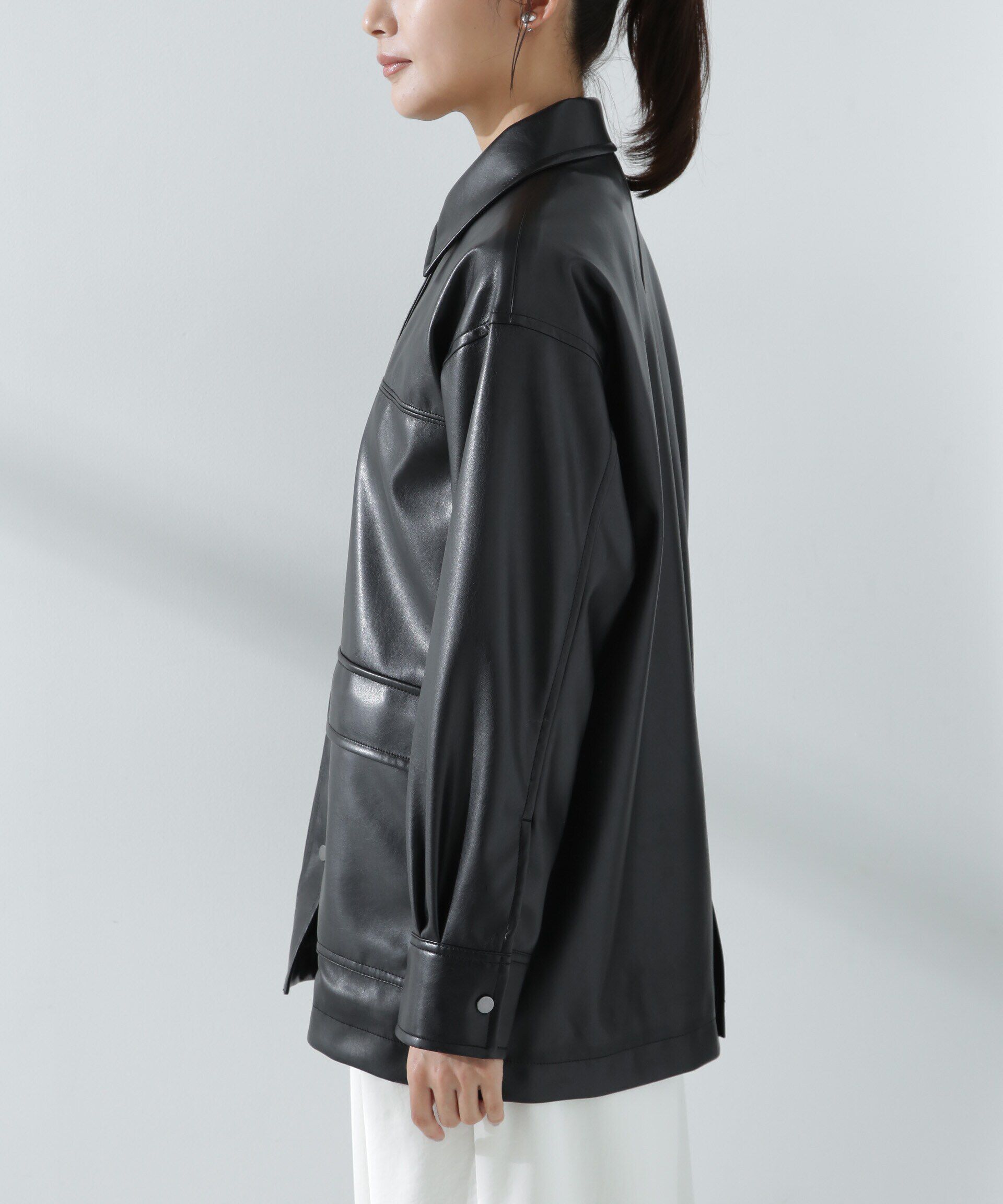 nano･universe「フェイクレザーシャツジャケット」|ブルゾン・スタジャン|