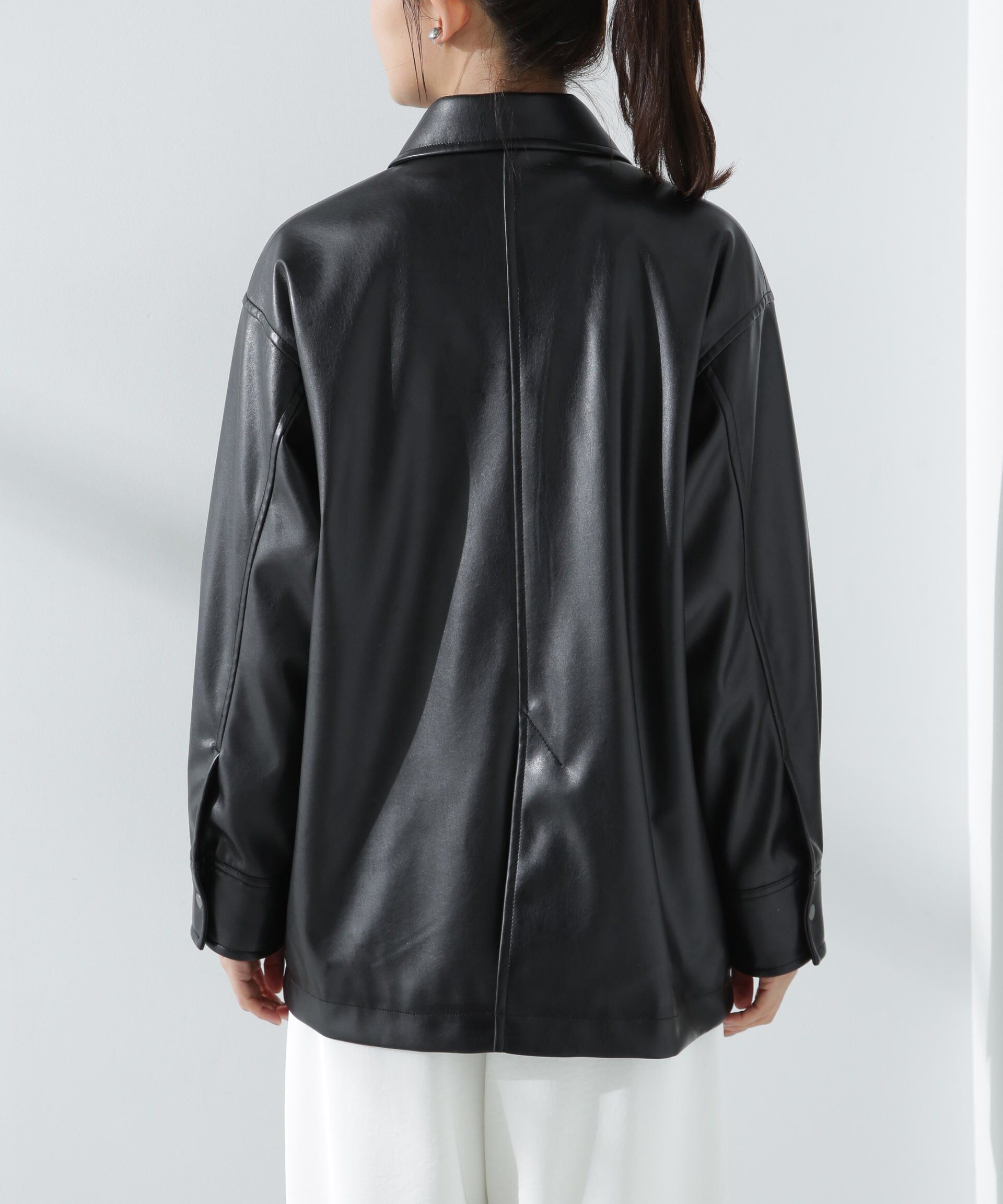 nano･universe「フェイクレザーシャツジャケット」|ブルゾン・スタジャン|