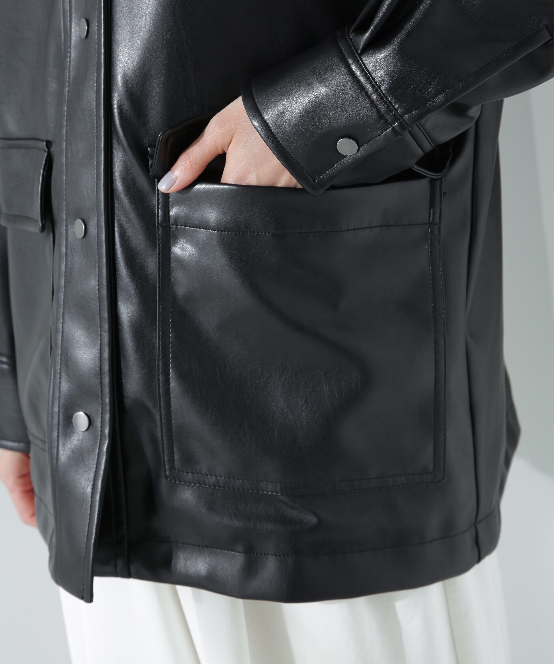 nano･universe「フェイクレザーシャツジャケット」|ブルゾン・スタジャン|