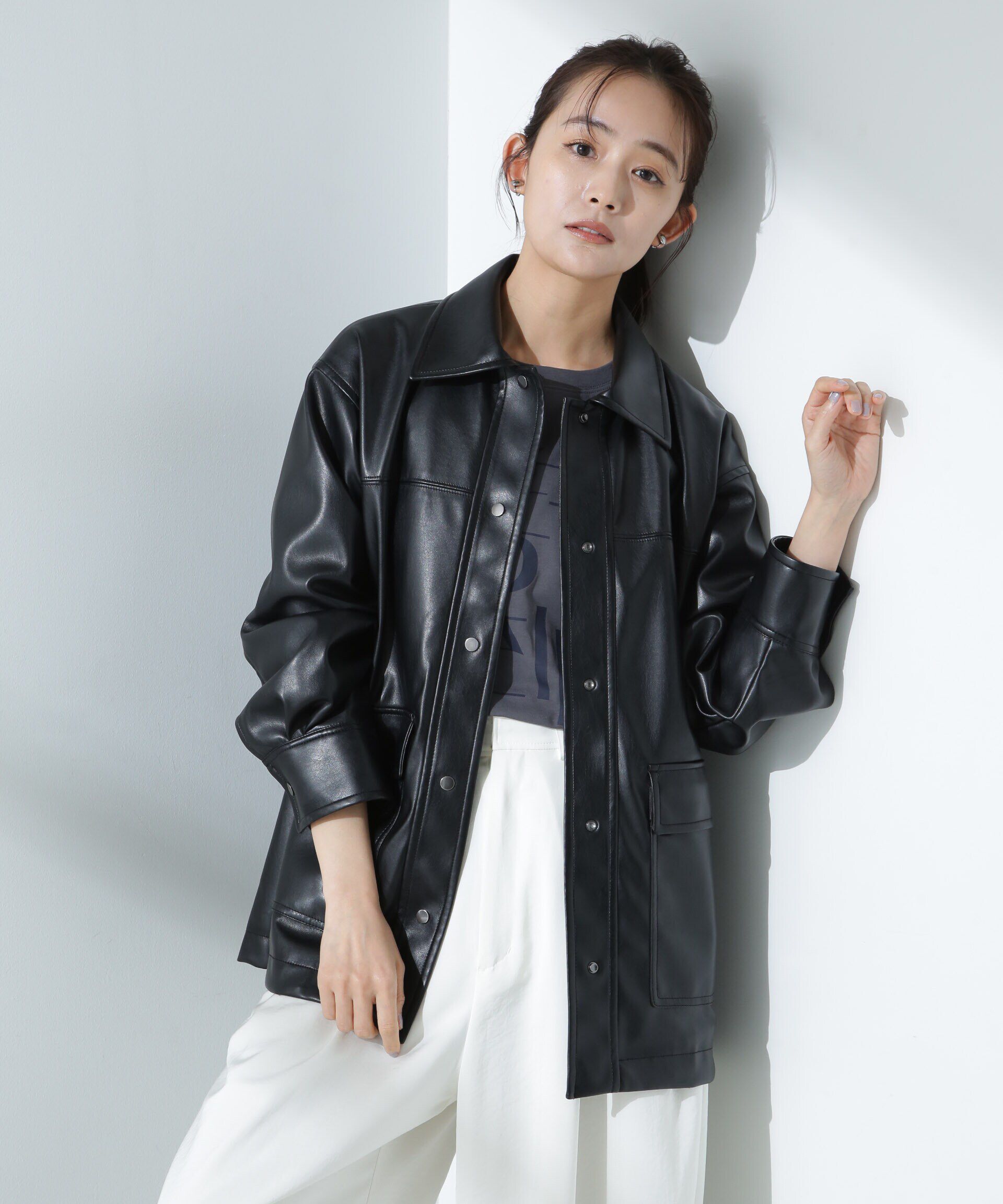 nano･universe「フェイクレザーシャツジャケット」|ブルゾン・スタジャン|