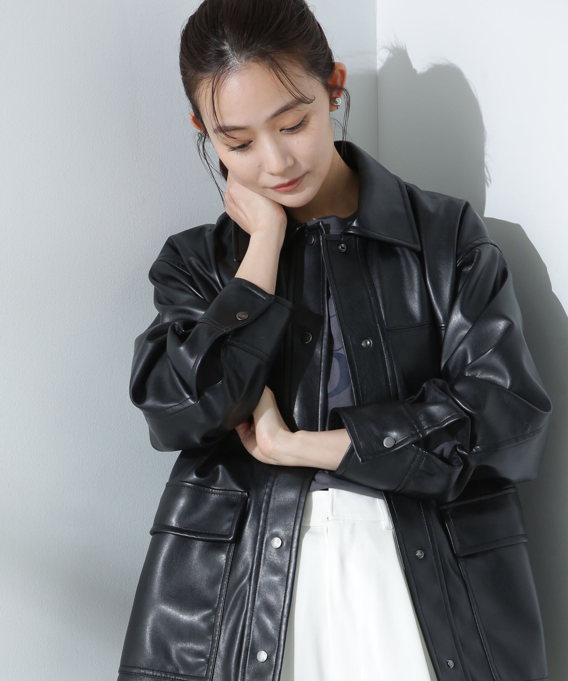 nano･universe「フェイクレザーシャツジャケット」|ブルゾン・スタジャン|