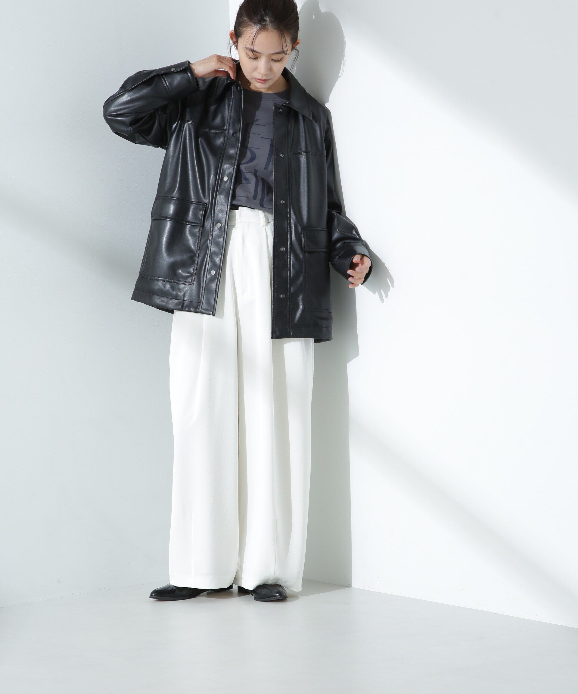 nano･universe「フェイクレザーシャツジャケット」|ブルゾン・スタジャン|