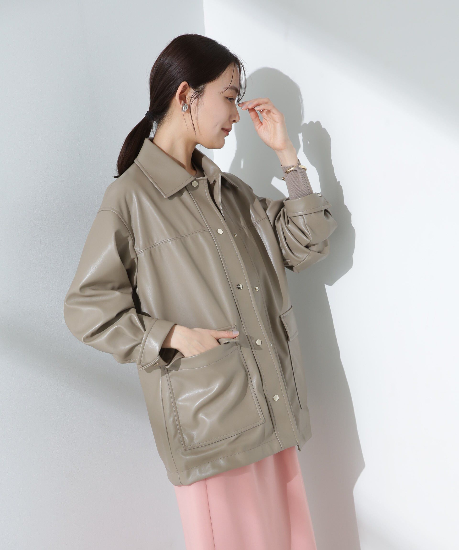 nano･universe「フェイクレザーシャツジャケット」|ブルゾン・スタジャン|